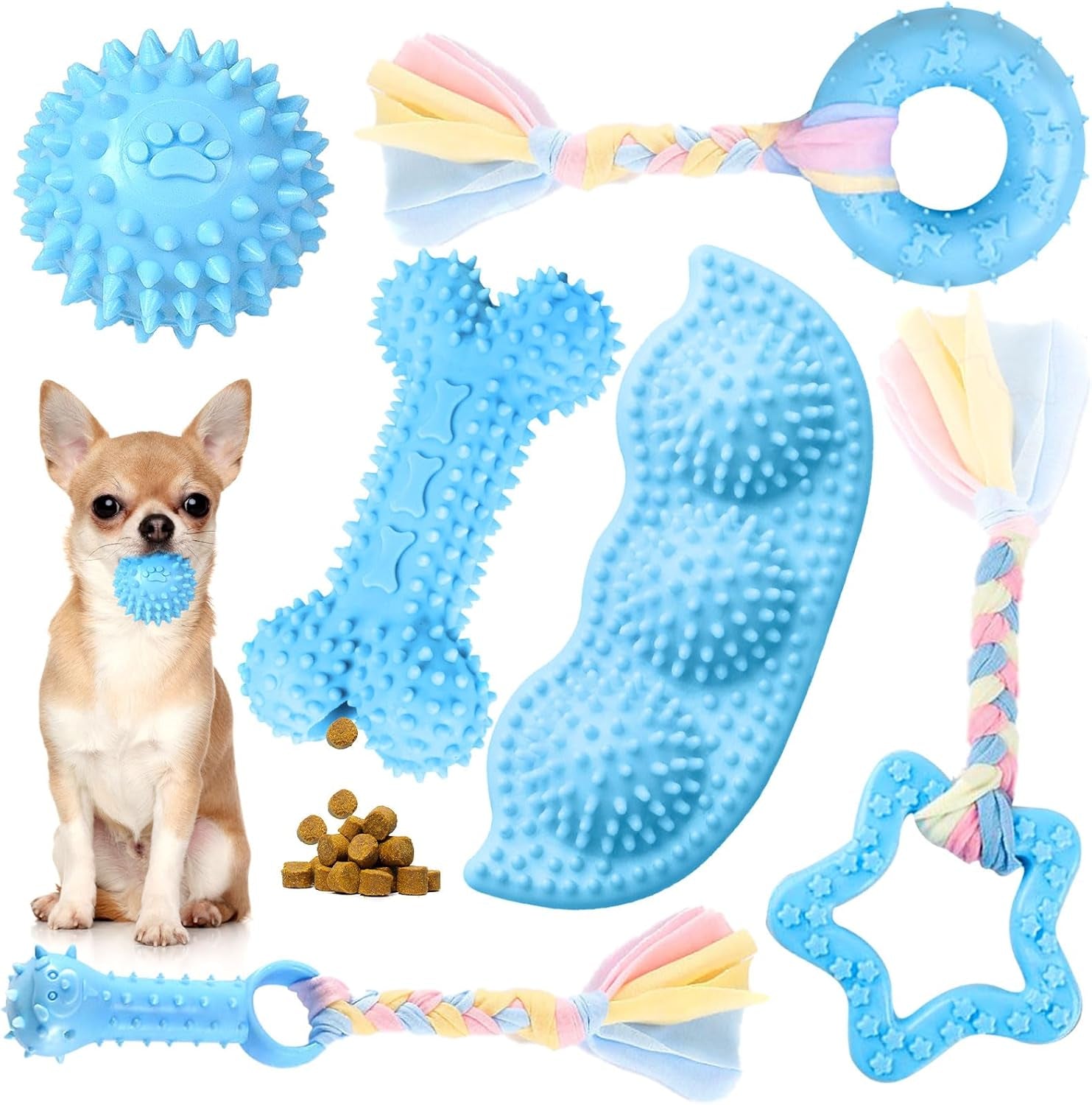 petcare-6-pack-puppy-chew-toys-blue-soft-rubber-rope-bone-ball-teething-toys-for-small-dogs-puppies-including-yorkie