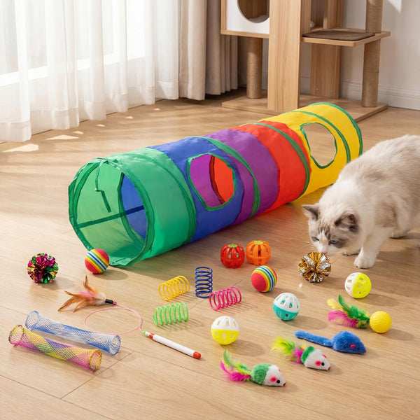 Icagy 25 Pcs Cat Toys for Cats, Indoor Kittens - Interactive Variety Pack, 45 Inches Rainbow Cat Tunnel, Feather Teaser, Feather Golf, Mice, Springs, Balls, Noise Toys - Rainbow/Colorful 45"1