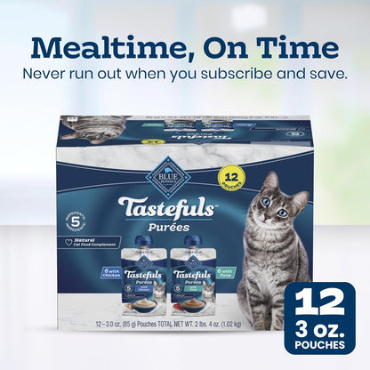 Blue Buffalo Tastefuls Purées Variety Pack Wet Cat Food Complement (Chicken & Tuna) Made with Natural Ingredients, for All Life Stages, 3-Oz. Resealable Pouches (12 Count)10