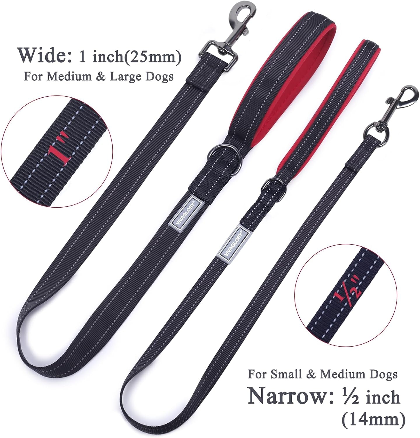 vivaglory-dog-leash-puppy-leash-for-collar-3ft-x-1in-black-with-soft-padded-handle-for-training-walking-heavy-duty-double-layer-nylon-pet-puppy