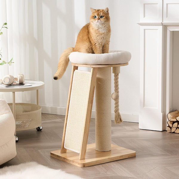 Modern Cat Tree Small Tower with Scratching Post for Indoor, 28 Inch Solid Wood Multifunctional Corner Cat Tree Tower with Bed, Dangling Ball,Interactive Rope, Scratching Board2