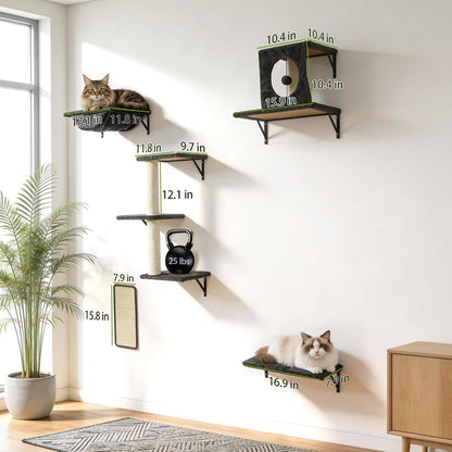 Cat Wall Shelves, Cat Wall Mounted Furniture, Climbing Wall Systems with Perches, Scratchers and Condo, Kitten Indoor Jungle Gym Set of 5 (Grey)7