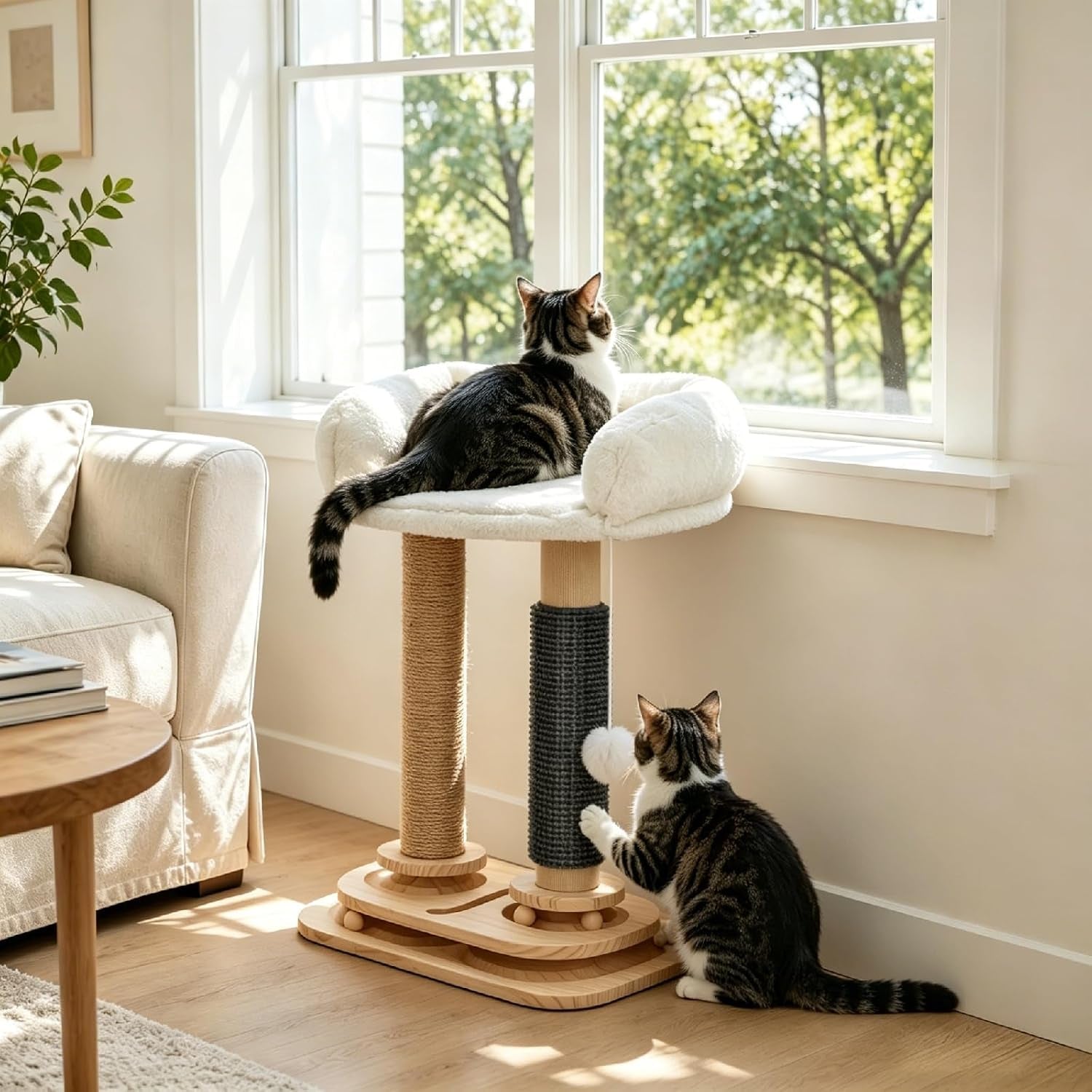 cat-scratching-post-with-bed-4-in-1-small-cat-tree-tower-sisal-scratcher-elevated-washable-bed-track-ball-toy-built-in-self-groomer
