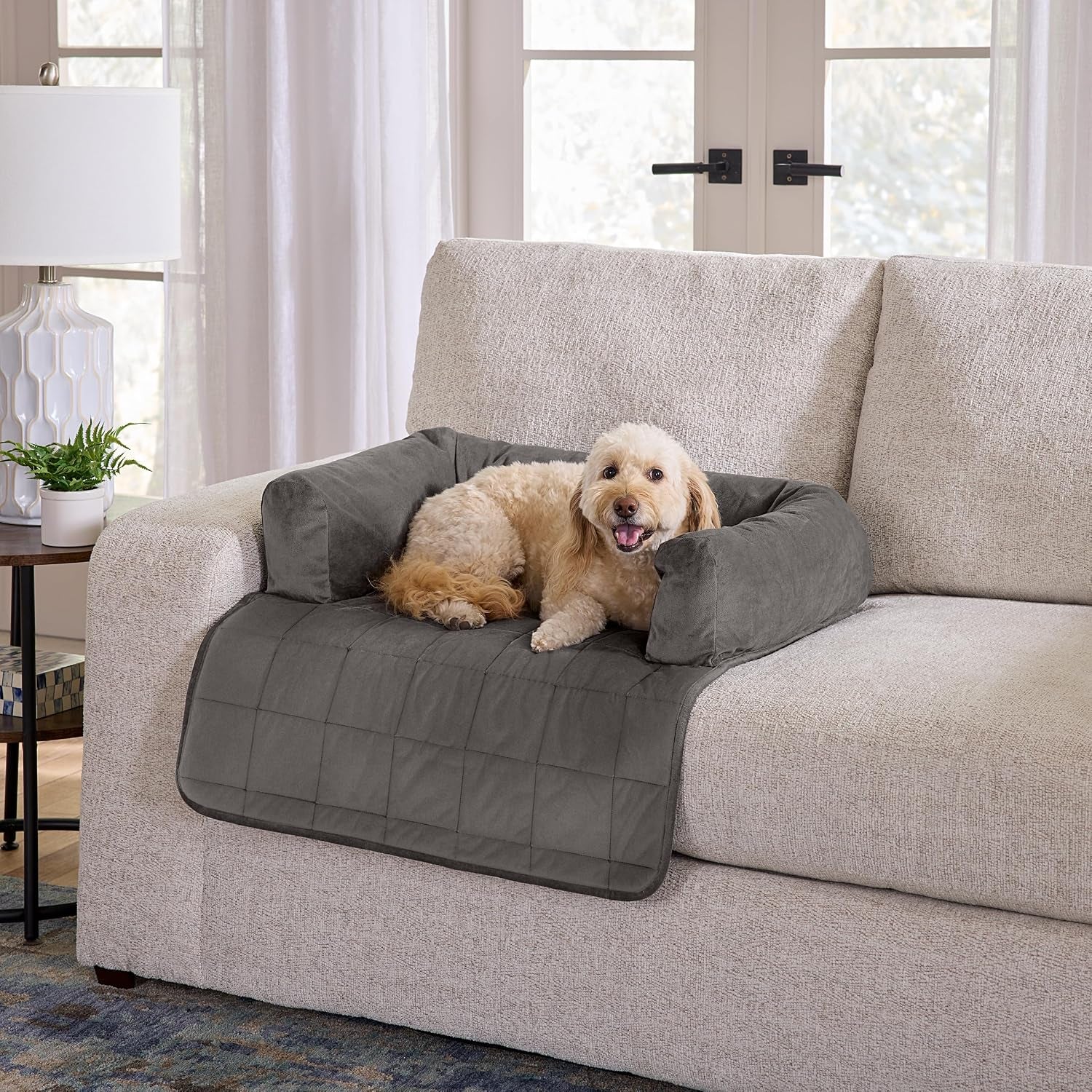 surefit-pet-otis-quilted-3-sided-bolster-pet-bed-waterproof-couch-protector-for-dogs-cats-plush-fabric-odor-control-machine-washable-non-slip-large-46-in-x-32-in-dark-gray