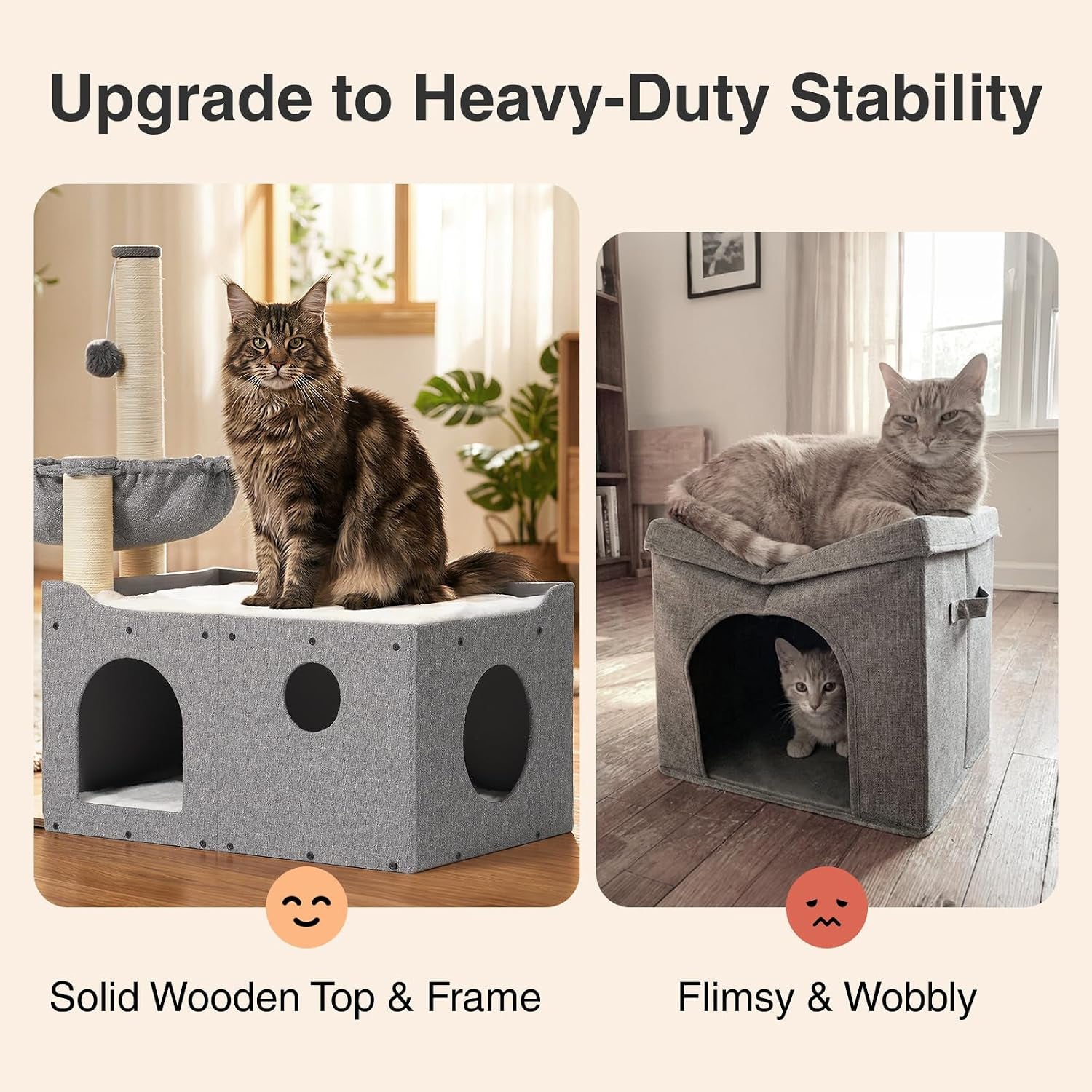 veehoo-extra-large-cat-house-bed-for-indoor-cats-29x16x31-9-sturdy-condo-cat-hideaway-with-scratching-post-foldable-cube-with-hammock-cave-with-2-plush-interactive-balls-for-multiple-cats-gray