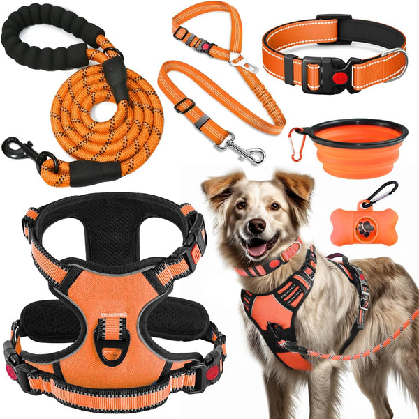 LOBEVE No Pull Dog Harness, Collar & Leash Set | Includes Dog Seat Belt, Collapsible Bowls & Poop Bag Dispenser. Ideal for Training, Walking, Hiking. Fits Small to Large Dogs(Pink-L)14