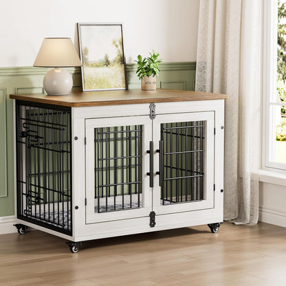 Medium Dog Crate Furniture, 32'' Heavy Duty Kennel W/Cushion & Wheels | Grey, Double Doors, Wooden Dog Cage, Chew-Resistant, End Table, Decorative, 27"/32"/38"/44" Options, Indoor19