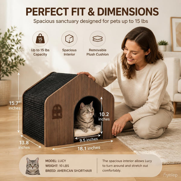 Modern Wooden Cat House Indoor – E0 Grade Enclosed Cat Cave Bed with Washable Cushion, Eco-Friendly Non-Toxic Pet Furniture for Kittens & Medium Cats up to 20 Lbs5