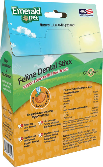 Emerald Pet Grain-Free Chicken Cat Dental Treats – Crunchy Dental Sticks for Cats to Clean Teeth, Reduce Plaque & Tartar, Freshen Breath – Pumpkin for Digestive Health, Natural Cat Chews, 3.6 Oz3