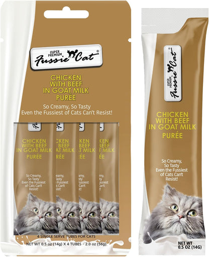 Fussie Cat Premium Tuna with Salmon in Goat Milk Puree, Lickable Cat Treats, 0.5Oz Pouch Pack of 47