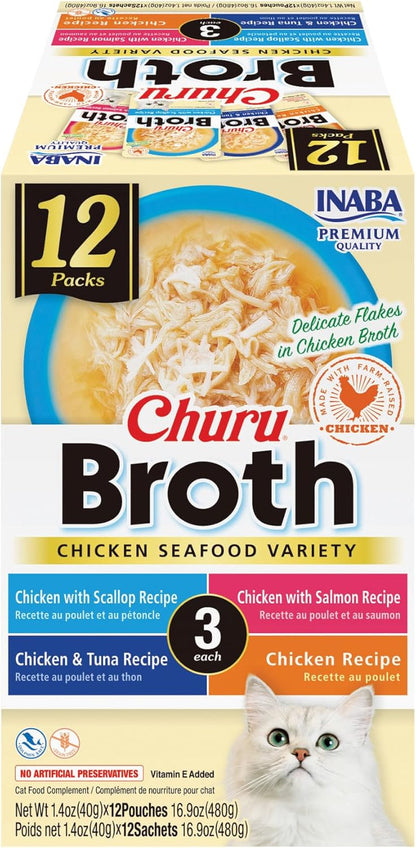 INABA Churu Broth for Cats, Side Dish Pouch, 1.4 Ounces per Pouch, 24 Pouches, Chicken & Seafood Variety1