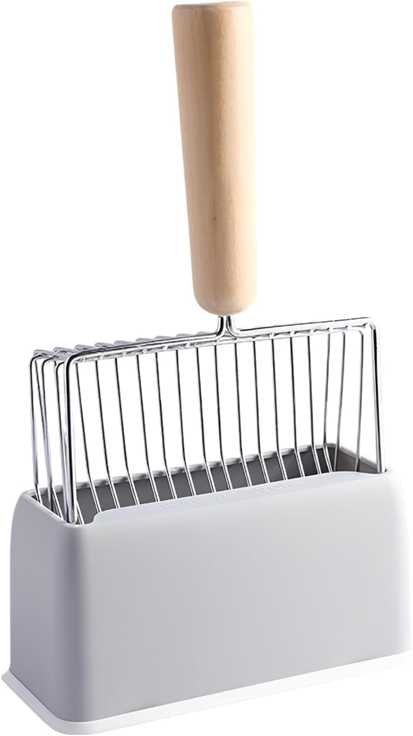 11-in-long-handle-cat-litter-scoop-set-gray-metal-rustproof-6-7-in-wide-sifter-with-wooden-grip-included-abs-base-holder-stand