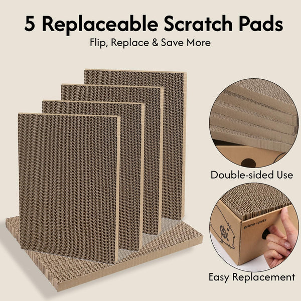 Primepets Cardboard Cat Scratcher Box XL, 5 Pack Pads, Indoor Cats Bed | 17X13X5 Size, Reversible Pads, Smart Hole Design, Catnip Included, Low Mess, Furniture Protection, Multi-Cat Friendly4