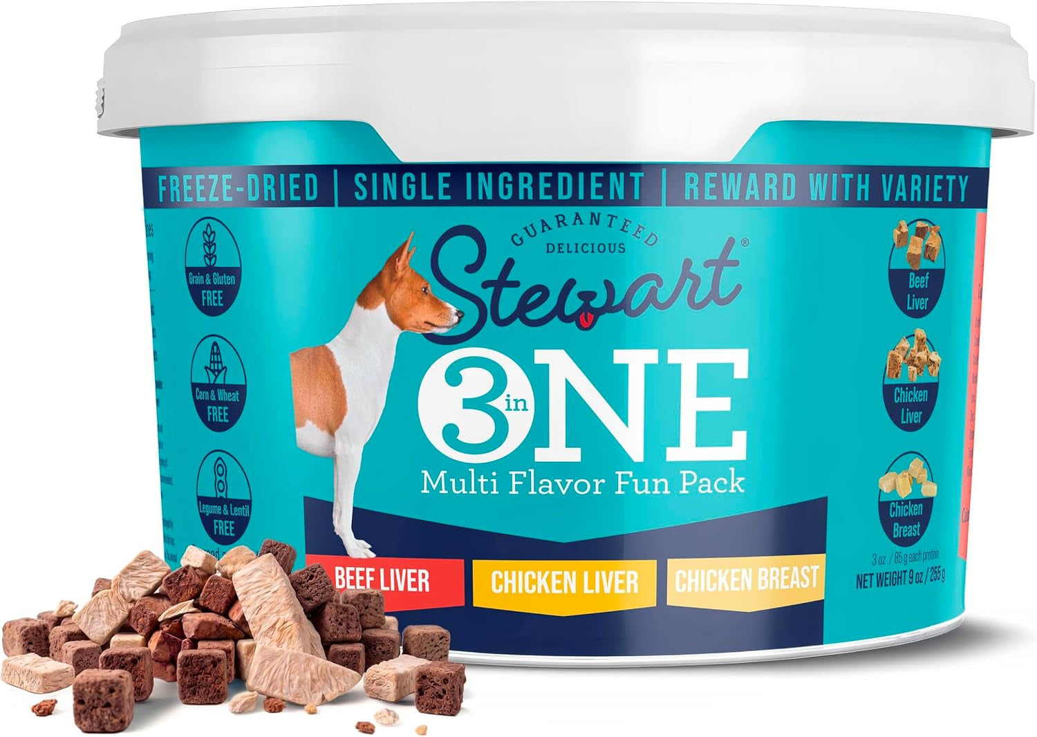 stewart-freeze-dried-dog-treats-three-flavor-variety-pack-9-oz-tub-premium-quality-raw-protein-single-ingredient-high-protein-training-treats-food-topper-no-refrigeration-cat-friendly