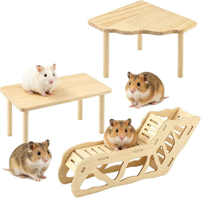 3 Pack Wooden Hamster Play Platform, 3-In-1 Natural Small Pet Playground with Tunnel, Ladder & Hidden Rest Area, Wooden Support Column Cage Accessories for Hamsters, Squirrels & Tiny Pets1