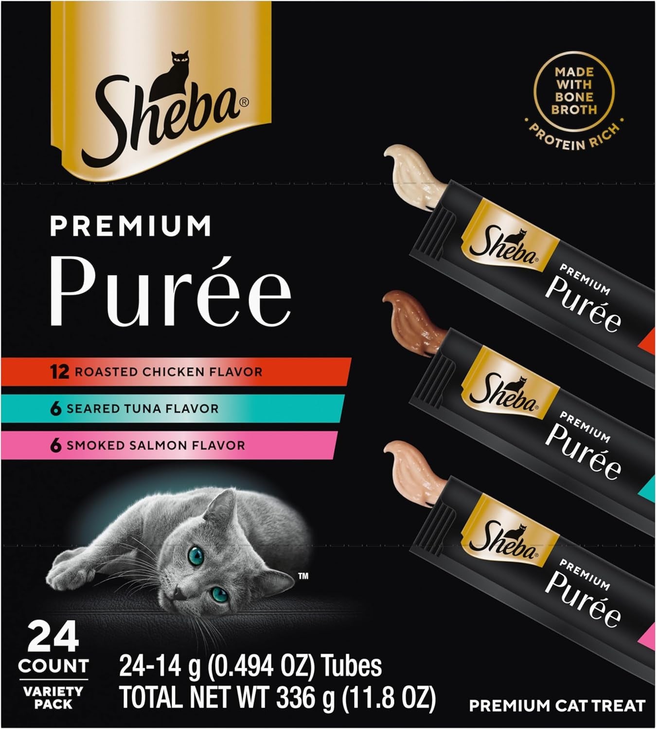 sheba-premium-puree-lickable-cat-treats-chicken-salmon-tuna-24-count-grain-free-real-meat-squeezable-tubes-no-corn-wheat-soy-no-artificial-flavors-creamy-texture-0-49-oz-tubes