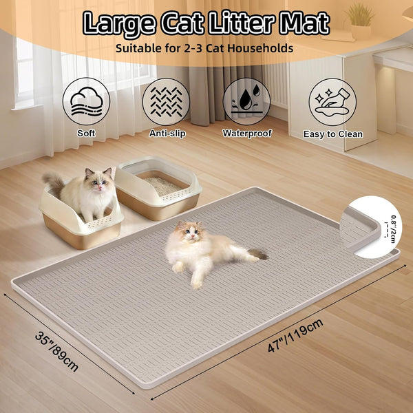 Silicone Cat Litter Mat 47" X 35" Cat Mat for Litter Box, Khaki | Extra Large Cat Litter Trapping Mat for Floor, Waterproof, Non-Slip Kitty Litter Box Mat with Raised Edge, Easy to Clean2