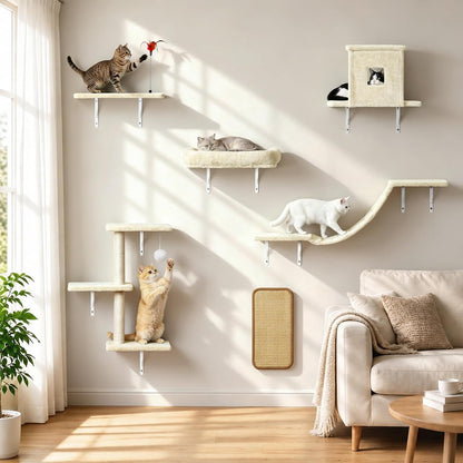 Cat Wall Shelves, 6 in 1 Cat Wall Furniture Set with Condos House, Bed, Bridge, Tree, Steps, Scratching Board, DIY Walls Playground for Indoor (Beige)1