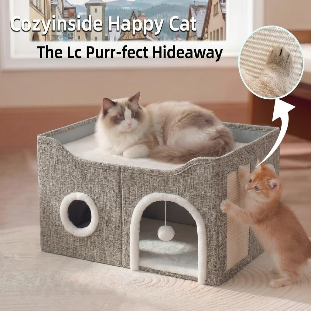 eolahalcy-cat-beds-for-indoor-cats-large-cat-cave-for-pet-cat-house-with-fluffy-ball-hanging-and-scratch-pad-foldable-cat-houses-for-large-indoor-cats-cat-hideaway-23-8x15-9x13-2-inches-grey