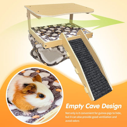 Guinea Pig Hideout，Natural Wood Removable Guinea Pig Bed, Small Animal Habitat with Hanging Hammock/Staircase/Cushion, Suitable for Small Animals to Hide, Rest, Play7