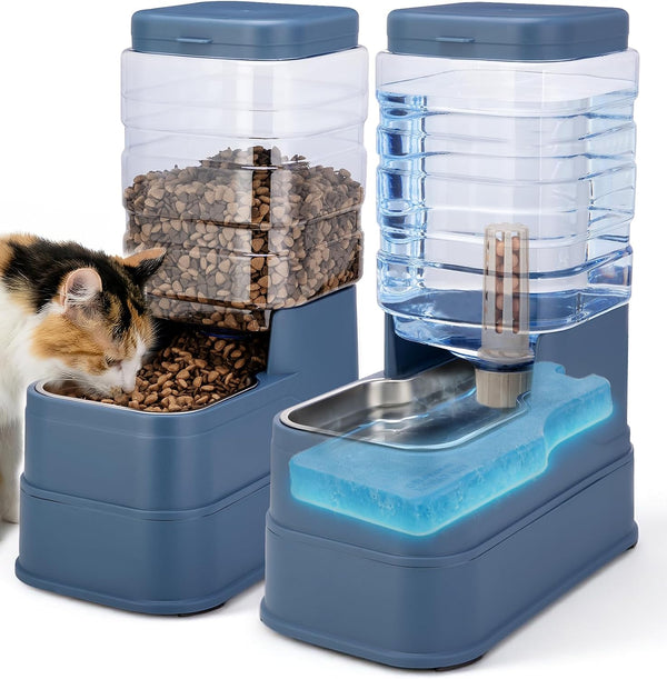 2 Pack Automatic Cat Feeder and Water Dispenser 1.3Gallon Dog Gravity Food Feeder and Water with Ice Pack Stainless Steel Dry Food and Waterer Bowl for Small Medium Large Pets (Blue)1