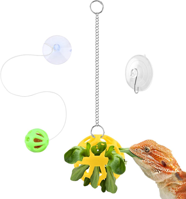 Bearded Dragon Enrichment Toys Feeder Ball Set, Vegetable Feeder Ball & Bell Ball, Exercise Balls Interactive Feed Toys Bells Reptile Tank Accessories for Reptile Lizard Gecko (Yellow)8