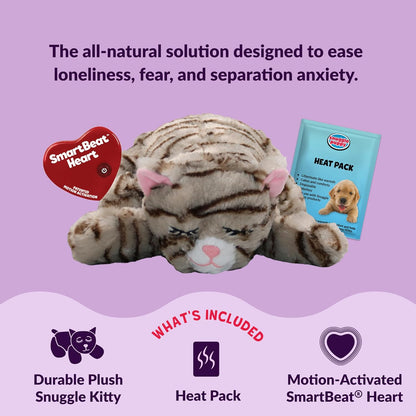 Snuggle Kitty Heartbeat Cat Toy for Kittens and Cats with Real-Feel Pulse and Heat Pack, Calming Sleep Aid for Cat Anxiety, New Kitten Essentials - Tan Tiger3