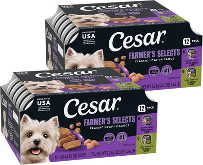 Cesar Wet Dog Food Classic Loaf in Sauce Grilled Chicken, Filet Mignon, Porterhouse Steak, Beef, Chicken & Liver and Turkey Variety Pack 3.5 Oz. Easy Peel Trays (36 Count, Pack of 1) | Made in USA, Real Meat #1 Ingredient, No Fillers or Artificial Flavors, Formulated without Grains, Easy Peel Trays16