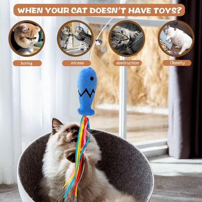 Natural Wood Cat Wand Toy with Ribbon Fish Teaser - 3Pcs, 16 Inch, Indoor Cat Exerciser & Playing Kitten Toy, Bonus 5Pcs Catnip Sticks for Teeth Cleaning4
