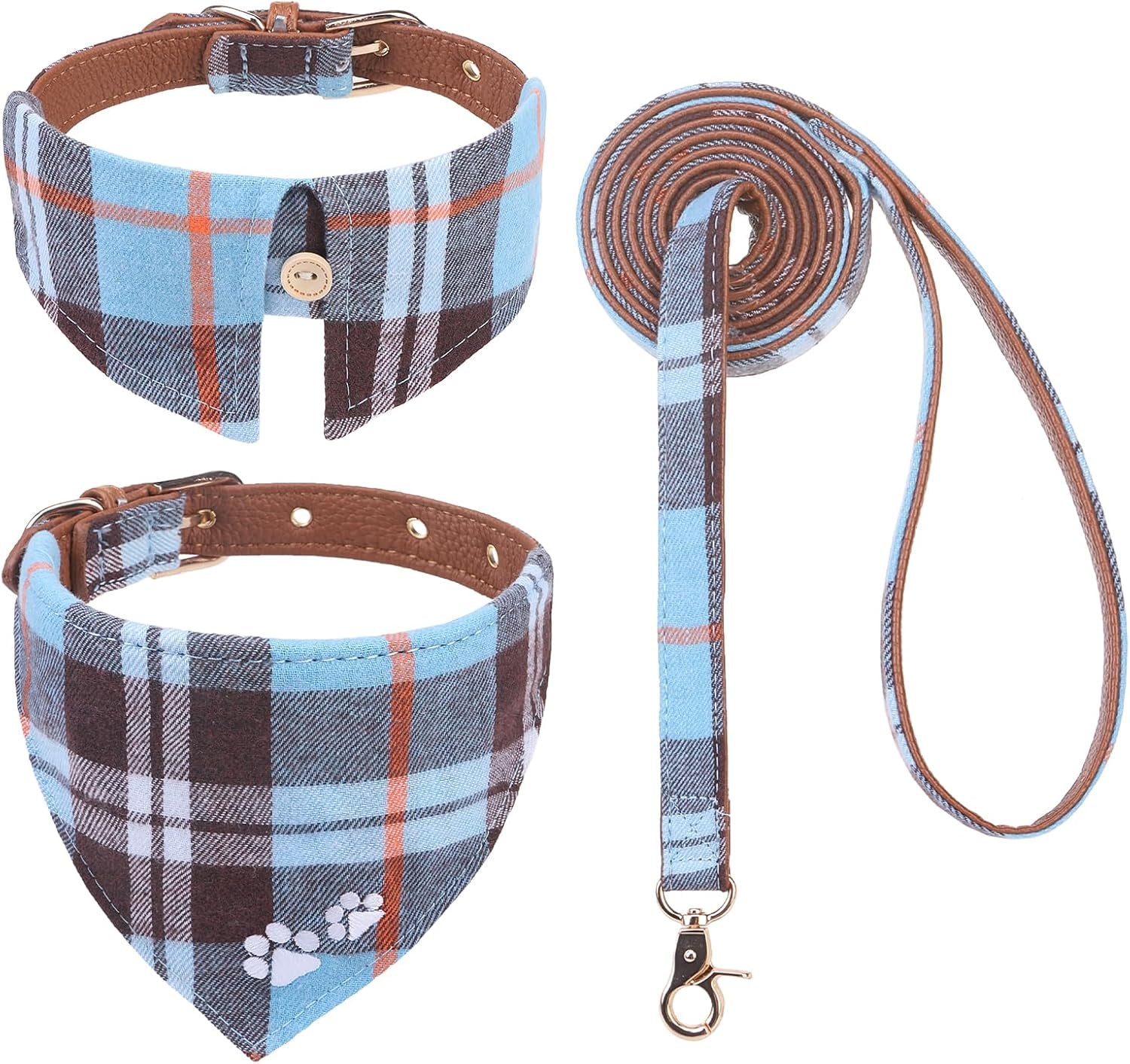 expawlorer-puppy-collar-and-leash-set-embroidery-pawprints-plaid-dog-collar-and-dog-leash-set-bow-tie-and-bandana-dog-collar-with-bell-cute-collar-and-leash-for-dogs-cats-outdoor-walking-blue-s