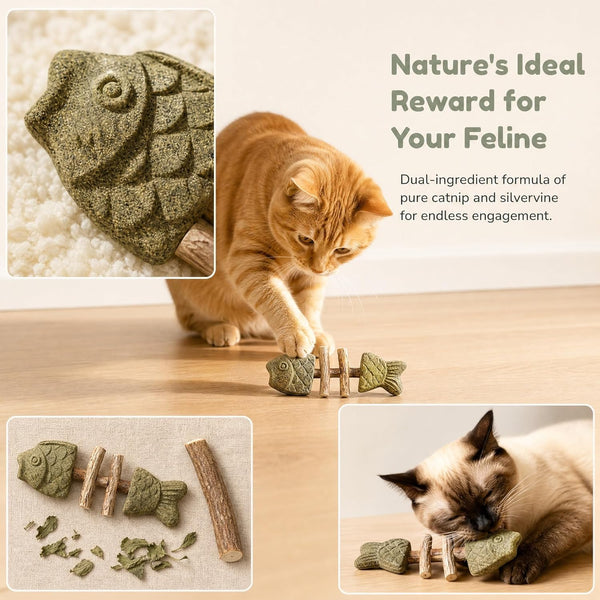 Sterling Whiskers Cat Chew Stick, Catnip & Silvervine Fishbone Toy, 2 PCS | Natural Catnip & Silvervine, Fishbone Texture, Chewing Enrichment, Oral Care Support, Indoor Cat Toy2