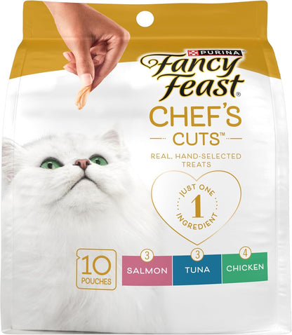Fancy Feast Purina Chef’S Cuts Variety Pack Cooked Cat Treats with Real Chicken, Hand-Flaked Salmon and Hand-Flaked Tuna, 10 Count Pouch1