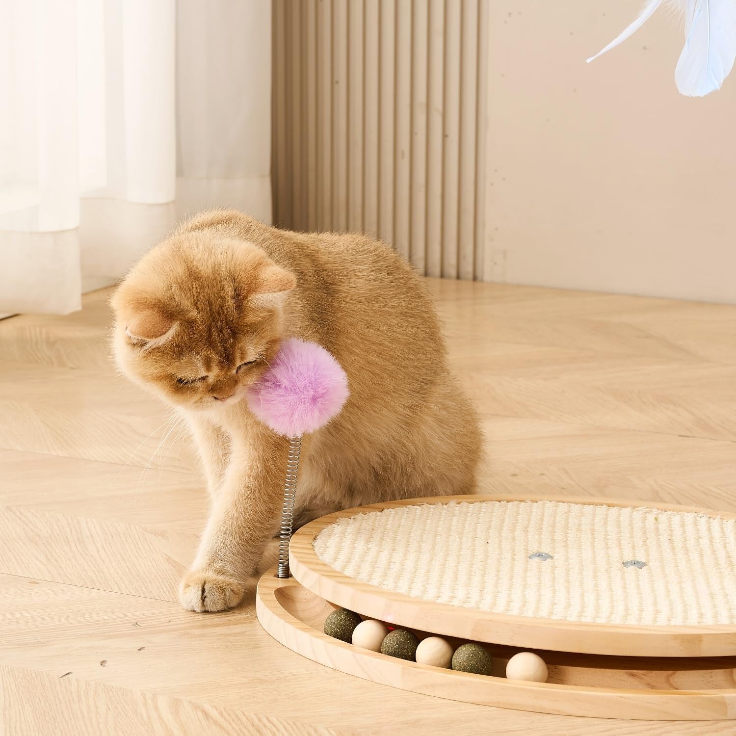 shengocase-cat-tree-scratching-post-scratcher-26-inch-tall-solid-wood-base-sisal-rope-interactive-ball-track-and-spinning-wand-feather-toys-scratch-pad
