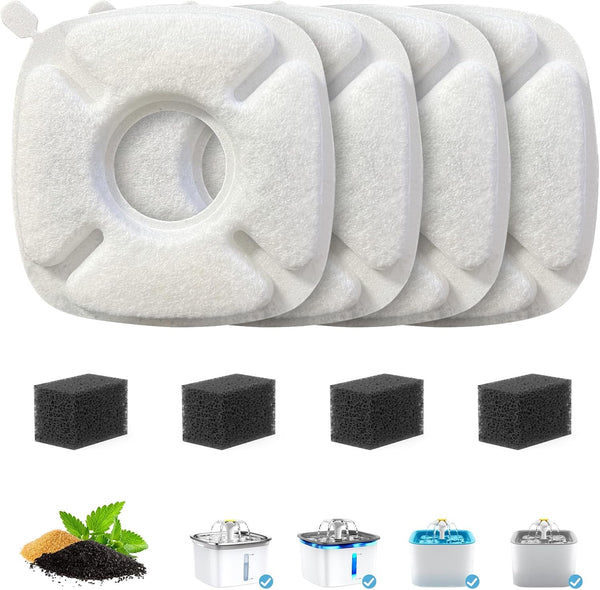 Cat Water Fountain Filter Pet Drinking Fountain Filter, Compatible with 67/95/135/85Oz Automatic Pet Dispenser, Triple Filtration Dog Fountain Filter, 4 Pack (4 Carbon Filters+4 Sponge Filters)1