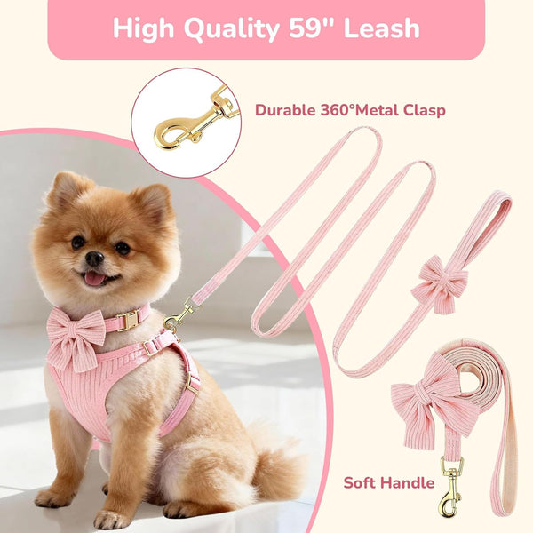 Small Dog Collar Harness and Leash Set, Dog Harness No Pull with Bowtie, Breathable Cotton Adjustable Pet Puppy Harness, Easy Walk Dog Harness, S(14–18.9")5