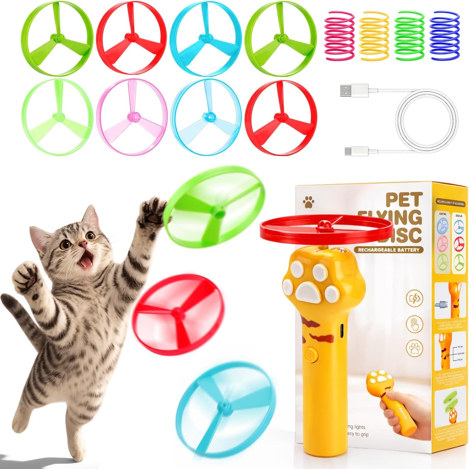 baborui-cat-toy-disc-launcher-rechargeable-interactive-cat-fetch-toy-launcher-with-8-flying-discs-flying-enrichment-toys-for-indoor-bored-kittens-adult-cats-yellow
