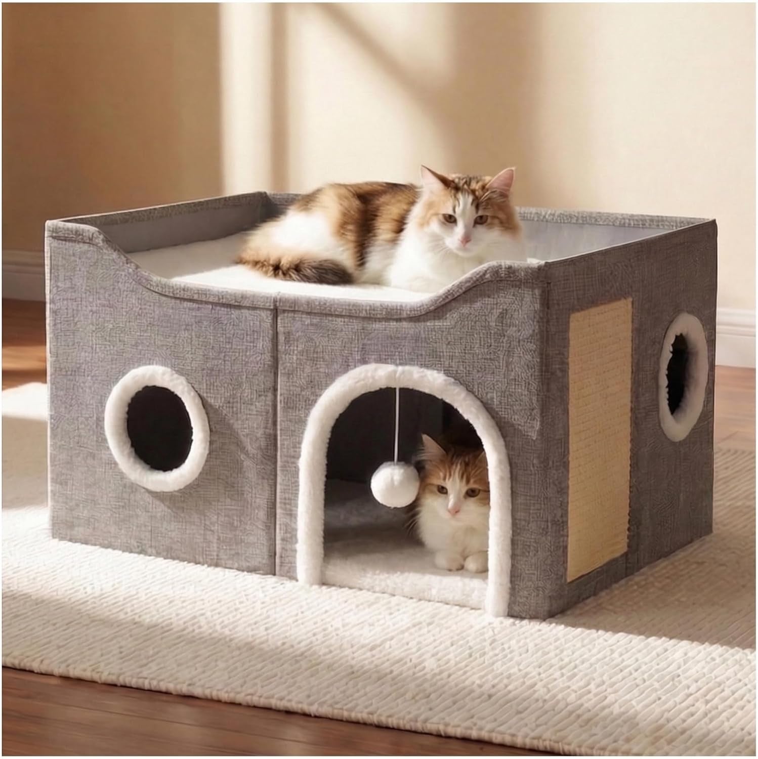 eolahalcy-cat-beds-for-indoor-cats-large-cat-cave-for-pet-cat-house-with-fluffy-ball-hanging-and-scratch-pad-foldable-cat-houses-for-large-indoor-cats-cat-hideaway-23-8x15-9x13-2-inches-grey