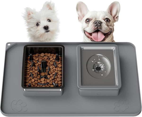 Dog Bowl Set, No Spill Dog Water and Food Bowl with Silicone Mat | Large Capacity 304 Stainless Steel Bowls, 2-In-1 Set, Slows Drinking, Anti-Slip Silicone Feeding Mat, Home/Travel, 6-7 Cups12