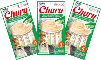 INABA Churu Cat Treats, Grain-Free, Lickable, Squeezable Creamy Purée Cat Treat/Topper with Vitamin E & Taurine, 0.5 Ounces Each Tube, 4 Tubes, Tuna with Salmon Recipe10