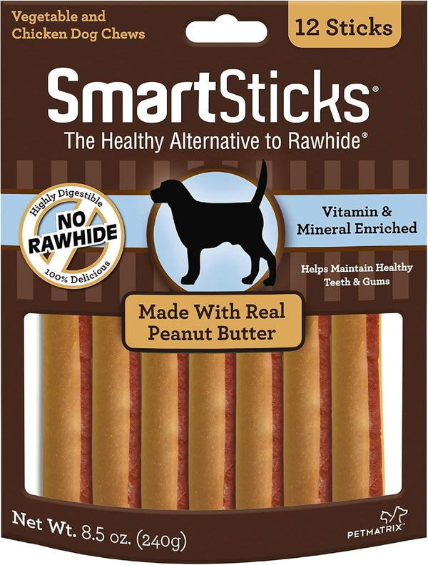 Smartbones Smartsticks Rawhide-Free Dog Treats, Peanut Butter, 12 Count | with Real Peanut Butter & Chicken, Easy to Digest Chew, Vitamin & Mineral Enriched, Supports Dental Health, for Small Dogs1