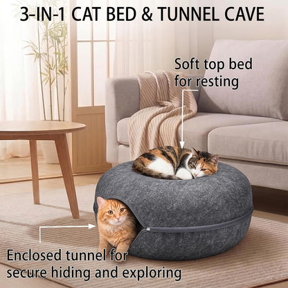 Cat Tunnel Bed for Heavy Big Cats up to 45 Lbs - 24" Donut Cat Bed for Multi-Cat Home - Premium Detachable Zipper Felt Anti-Scratch Cat Cave Bed - Roomy Non-Collapsing Cat Hideaway & Peekaboo Toy5