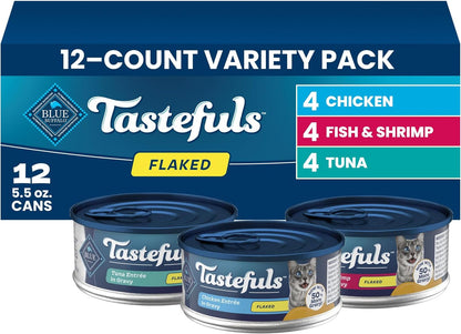 Blue Buffalo Tastefuls Flaked Adult Wet Cat Food Variety Pack (Tuna, Chicken, Fish & Shrimp), Natural Ingredients Enhanced with Vitamins, Minerals & Other Nutrients, 3-Oz. Each (12 Cans)21
