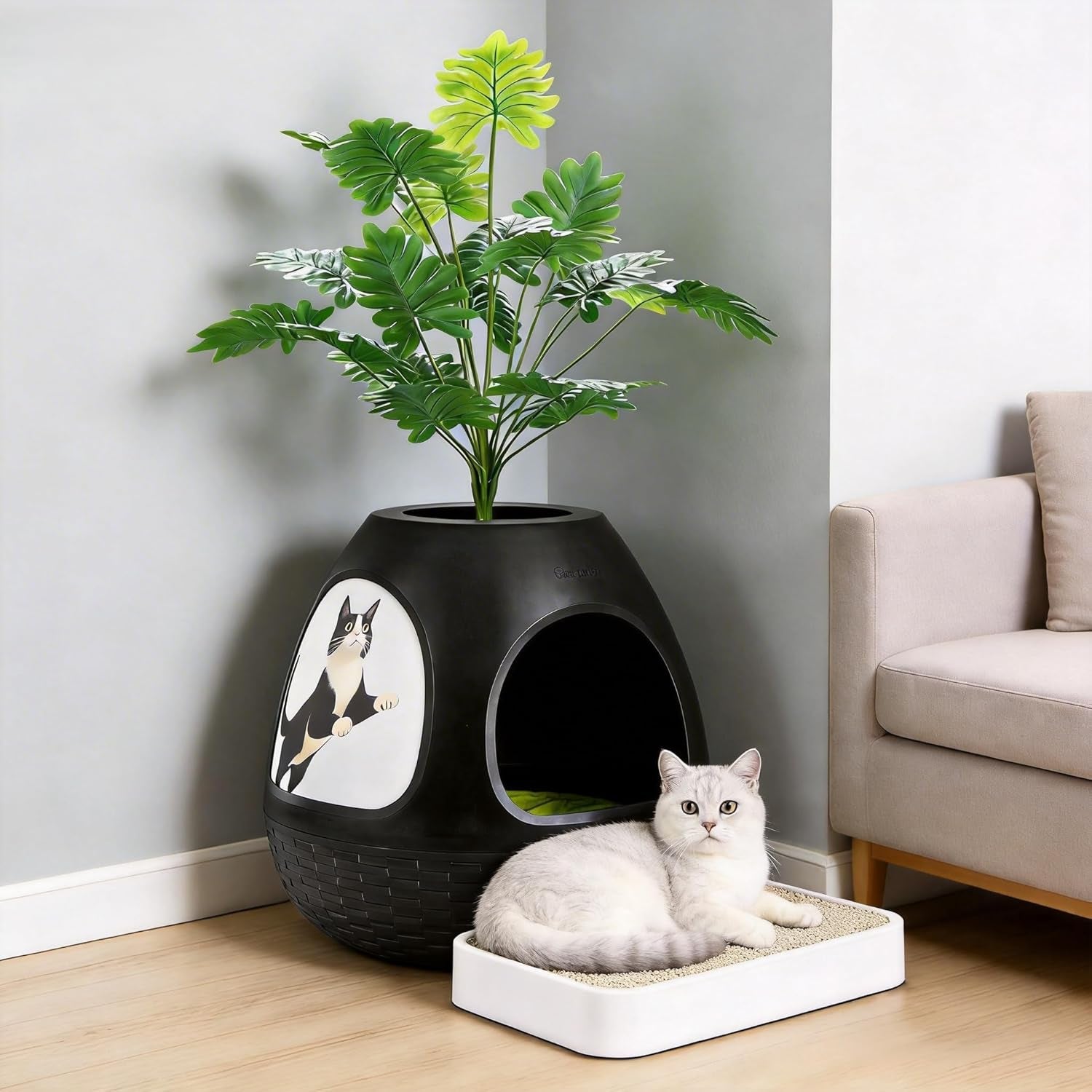 eggloa6-hidden-cat-litter-box-with-artificial-plants-odor-removal-system-egg-shaped-enclosure-includes-scoop-3pcs-liners-secret-discreet-furniture-diy-assembly-cat-litter-box-cabinet-brown