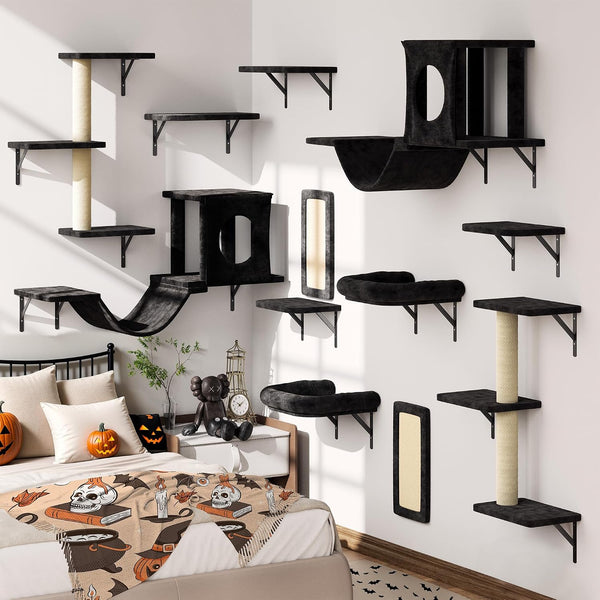 12-In-1 Cat Wall Shelves, Wall Mounted Cat Climber | with Condo House, Scratching Post, Bridge Ladder, Space-Saving Indoor Play Furniture for Kittens, Black1