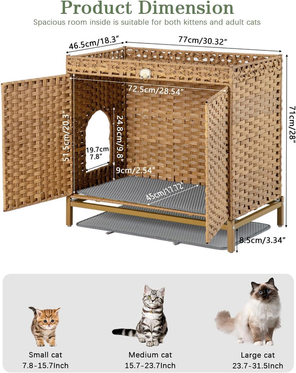 SETVSON Cat Litter Box Enclosure Furniture, Rattan PE Kitty House, Natural | Handwoven PE Rattan with 2 Soft Mats, Heightened Metal Feet, 2 S-Hooks, 30.3 X 18.3 X 28 in Spacious Interior Kitty Cabinet4