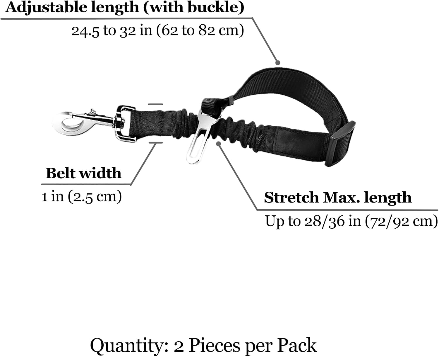 sungrow-elastic-nylon-dog-seat-belt-24-36-adjustable-black-harness-elastic-tether-with-metal-buckles-2-pcs-per-pack