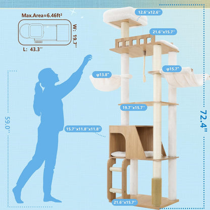 Hey-Brother Wooden Cat Tree, Furniture Tower with Large Platforms, MPJ121BT | 69.7 Inch, Modern Full Sisal Scratching Posts, Hammocks, Spacious Condo, Ladder, Brush, Water Proof Surface, White Oak2