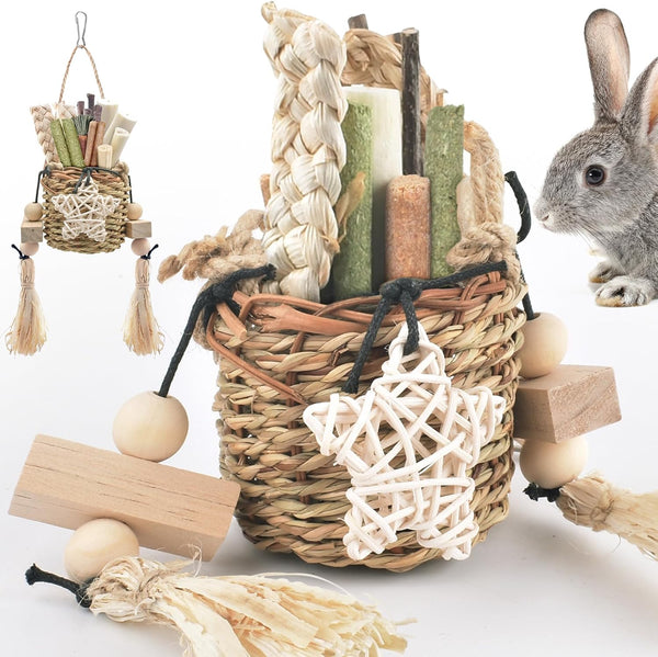 Bissap Bunny Chew Toys, Natural Seagrass Hanging Basket Chews Water Plant Woven Chinchillas Chewing Treats for Rabbits Guinea Pigs Chinchillas Hamsters Rats and Other Small Pets Teeth Grinding Toy1