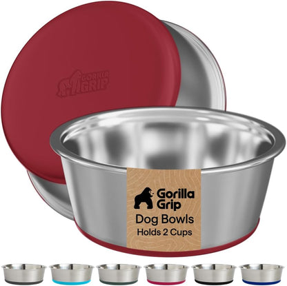 GORILLA GRIP Dog Bowls, Food Grade 304 Stainless Steel, Holds 2 US Cups Each (16 Fl Oz) Food and Water Bowl for Feeding Dogs and Cats, Dishwasher Safe, Rust Resistant BPA Free Rubber Base, 2 Set Black15