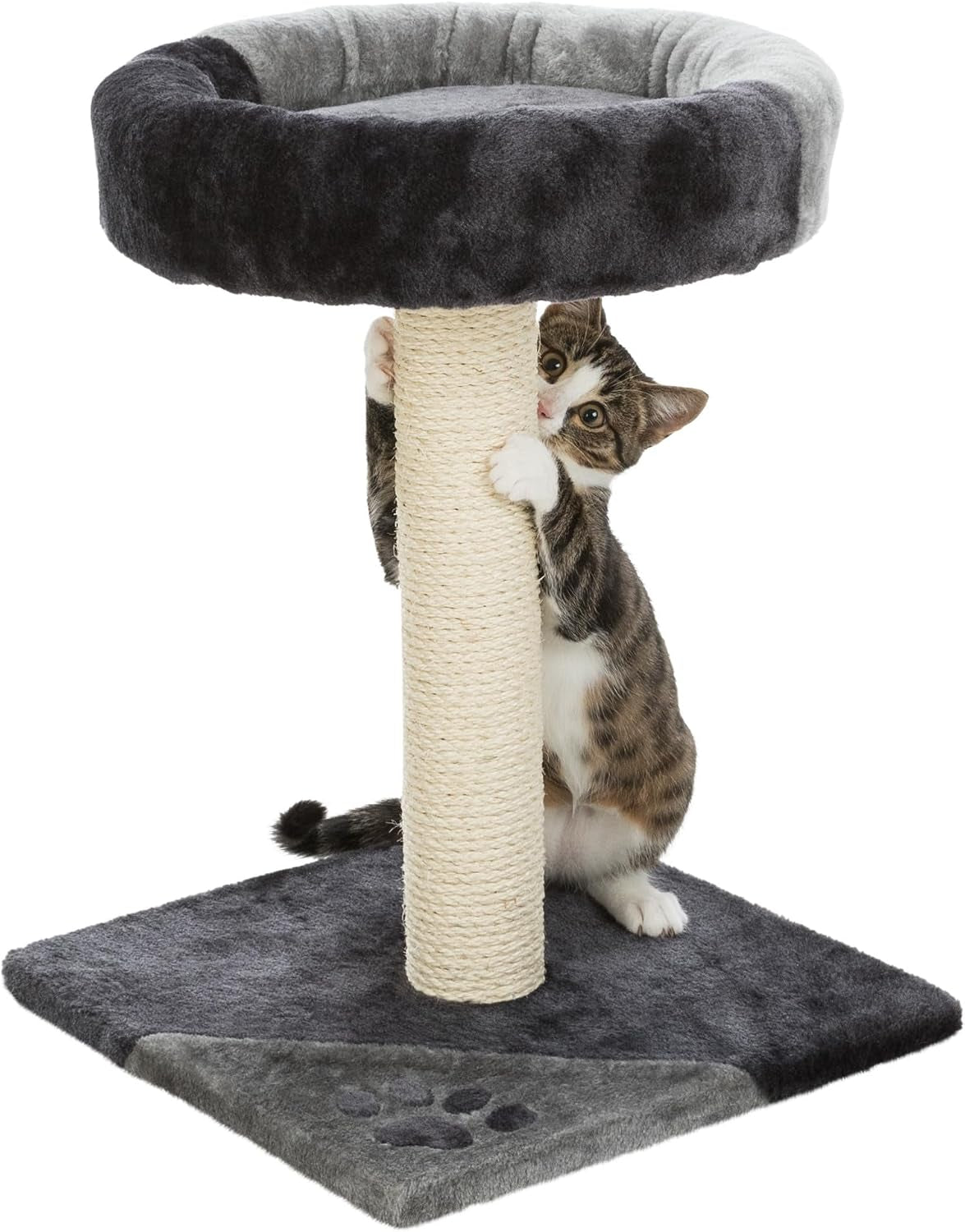 trixie-tarifa-cat-scratching-post-20-5-inch-cat-scratcher-with-soft-fabric-covering-base-and-durable-sisal-rope-with-padded-platform-in-gray-black